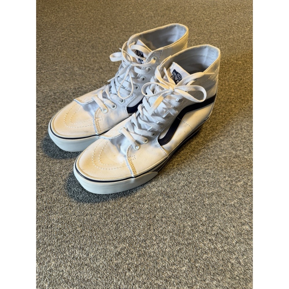 VANS Sk8-Hi Tapered Sport Platform Shoes White Canvas Navy Women's Size 9.5